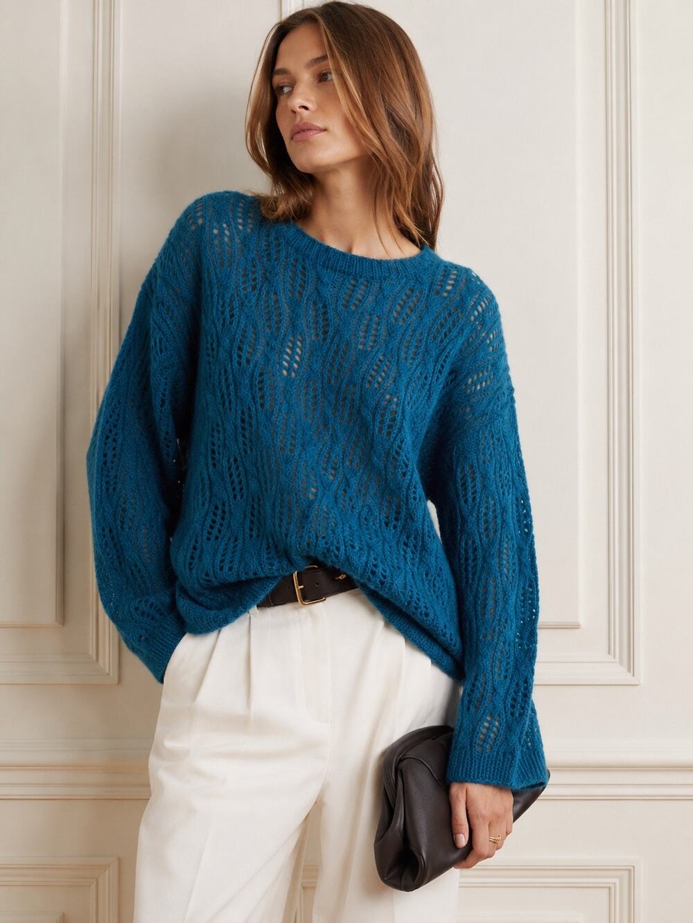 Vintage Mohair Women’s Sweater Size L Open Knit Crew Neck Blue Boho Feminine